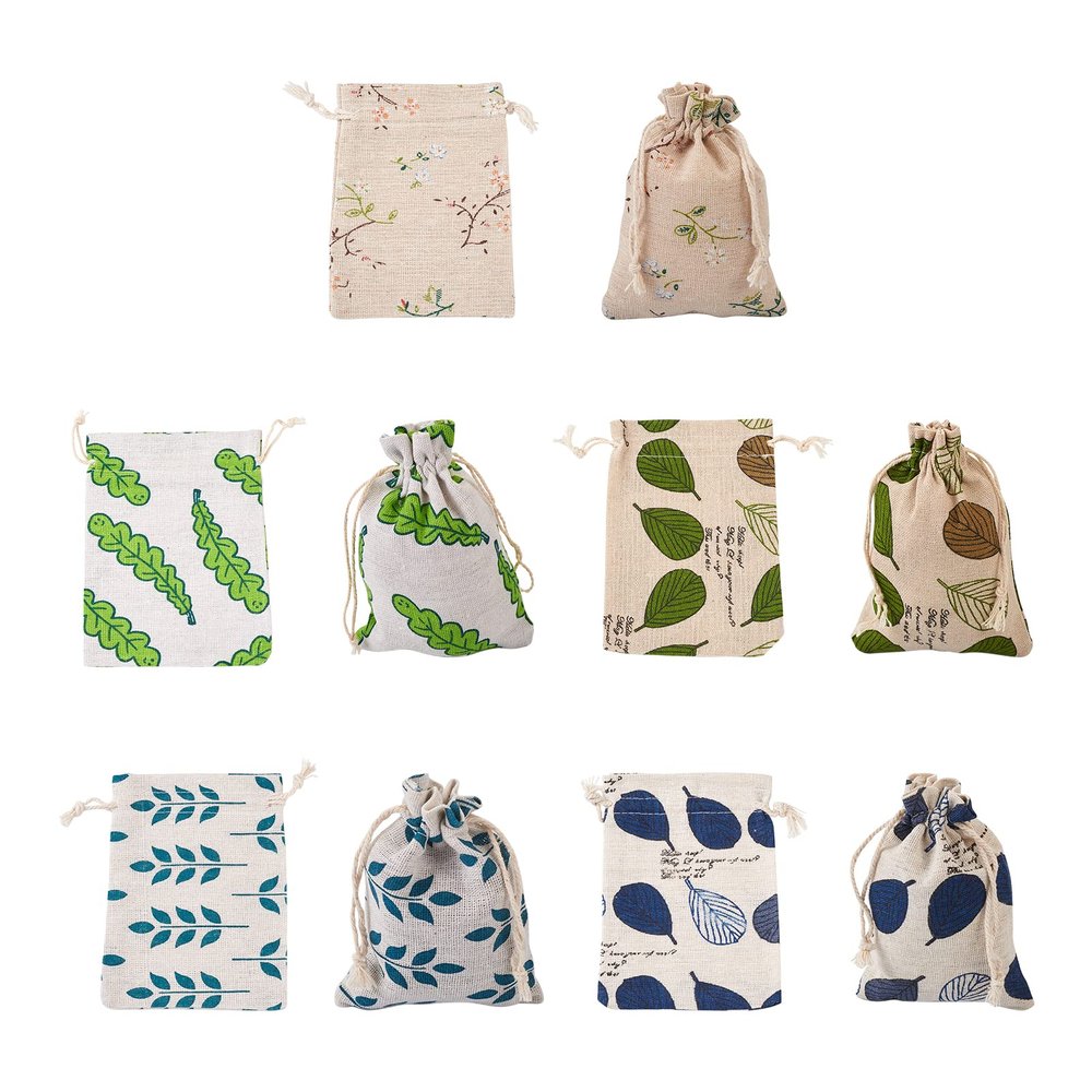 KISSITTY 50pcs Leaf & Flower Pattern Printed Drawstring Bags Gift Packing Pouches Cloth Storage Bags for Jewelry Gifts Birthday Party Favors Wrapping 5.11-5.51x3.74-3.93inch