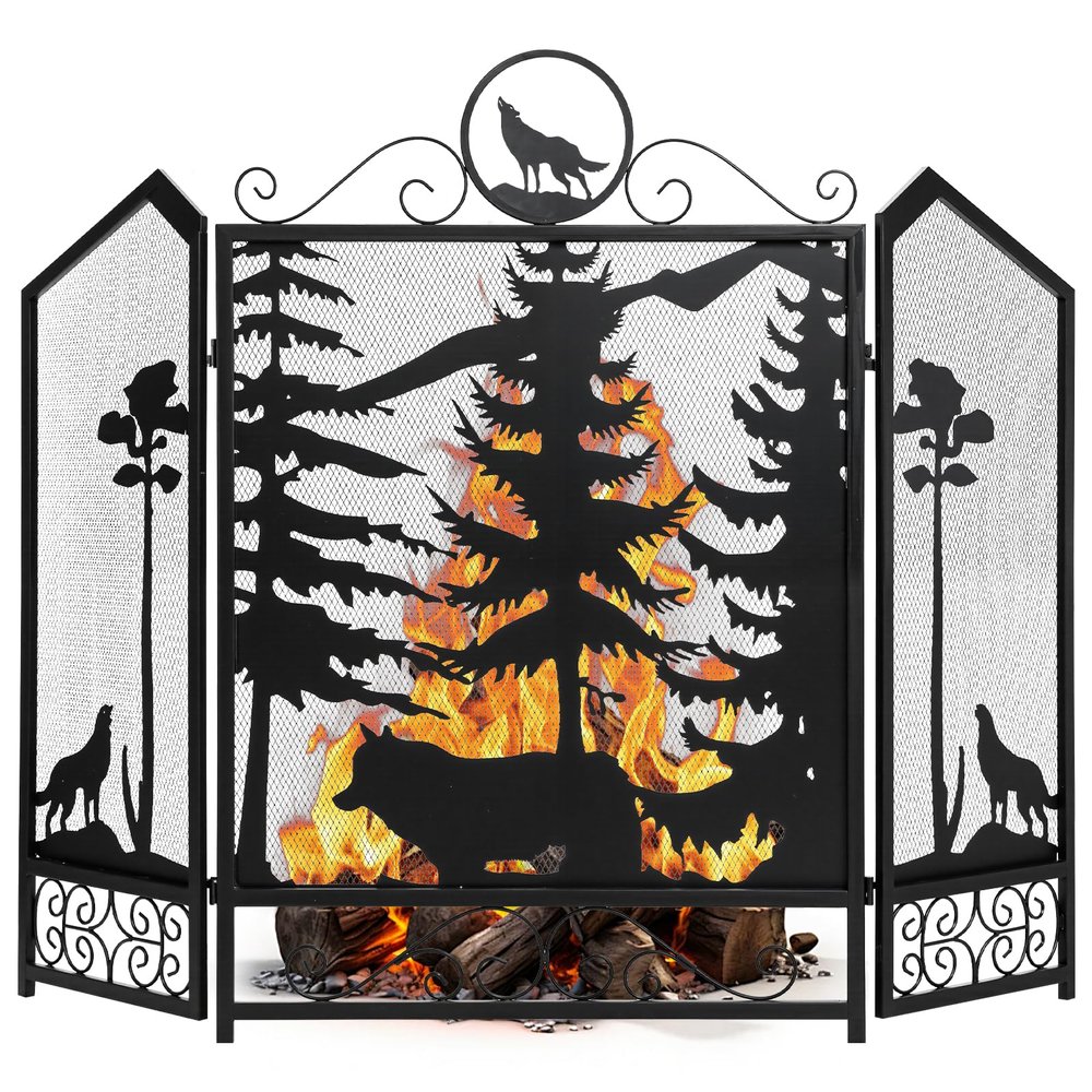 WICHEMI Fireplace Screen 3 Panel Fireplace Screens for Fireplace 44 x 33.5 Inch Metal Fireguards Mesh Cover Baby Safe Proof Fence Spark Guard Cover Wrought Iron Fire Place Standing Gate (Style 5)