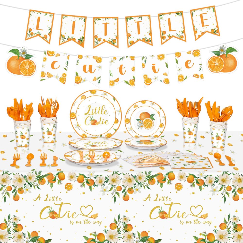 Capoda 172 Pcs Little Cutie Baby Shower Decoration Party Supplies - Tablecloth Banner Plate Knife Fork Spoon Napkins for Orange Little Cutie Tangerine Baby Shower Birthday Party