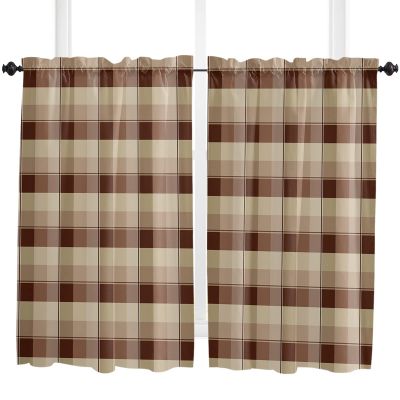 BOBOWUNY Brown Plaid Window Curtains 45 Inches Long Set of 2 Panels, Farmhouse Rustic Beige Checkered Rod Pocket Kitchen Curtains Light Filtering Curtain for Bathroom Cafe Bedroom 84x45