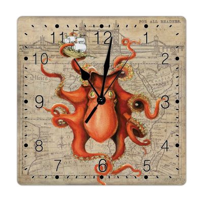 French Vintage Nautical Map Coastal Octopus Hanging Wall Clock Beach Theme Clock Retro Farmhouse Lighthouse Coastal Clocks for Wall Silent Non Ticking Square Clock for Dinning Living Room 10inch