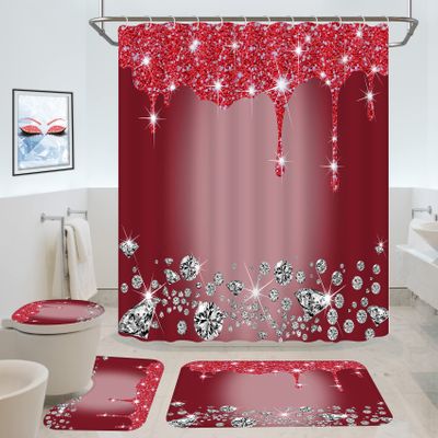 4 Pcs Glitter Diamond Shower Curtain Sets, Burgundy Shiny Drips Bath Decor with Rugs and Toilet Lid Cover, Wine Red Luxury Texture Colorful Bling Modern Bathroom Curtain with 12 Hooks, 72 x 72 in Xmas