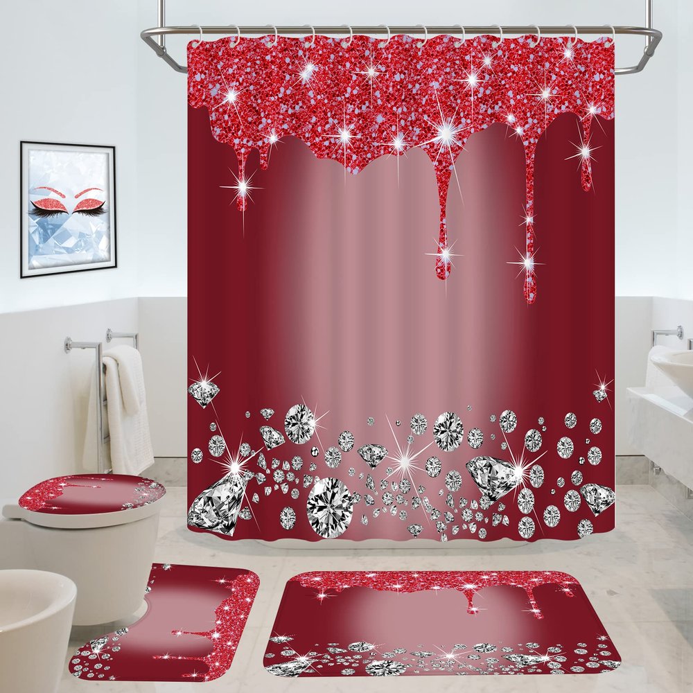4 Pcs Glitter Diamond Shower Curtain Sets, Burgundy Shiny Drips Bath Decor with Rugs and Toilet Lid Cover, Wine Red Luxury Texture Colorful Bling Modern Bathroom Curtain with 12 Hooks, 72 x 72 in Xmas