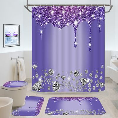4 Pcs Glitter Diamond Shower Curtain Set, Purple Shiny Drip Bath Decor with Non-slip Rug and Toilet Lid Cover, Lavender Luxury Texture Colorful Bling Modern Bathroom Curtain with 12 Hook, 72 x 72 inch