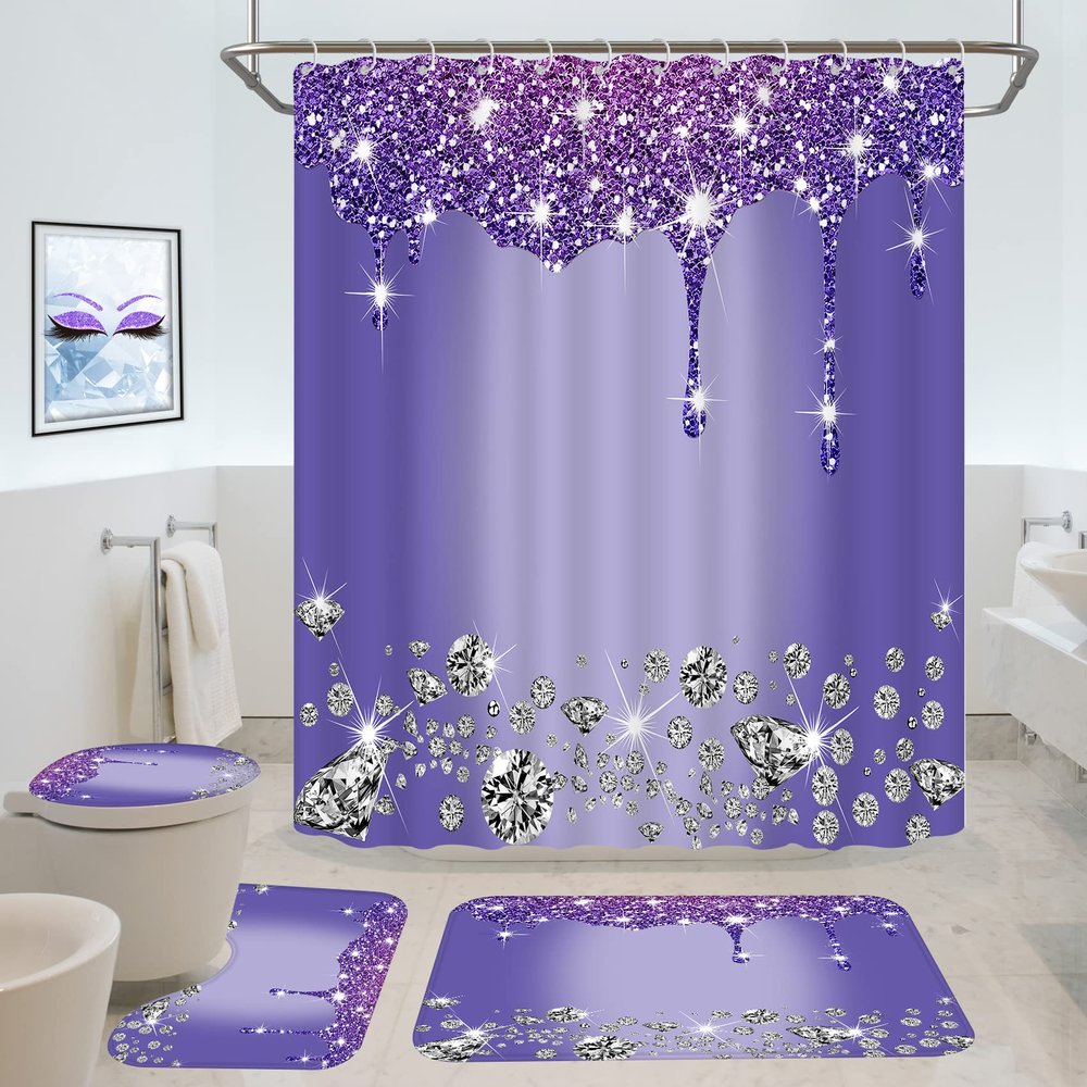 4 Pcs Glitter Diamond Shower Curtain Set, Purple Shiny Drip Bath Decor with Non-slip Rug and Toilet Lid Cover, Lavender Luxury Texture Colorful Bling Modern Bathroom Curtain with 12 Hook, 72 x 72 inch