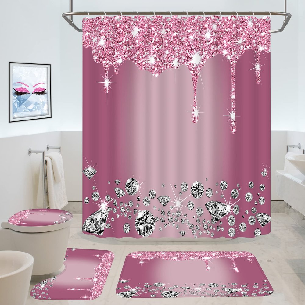 4 Pcs Glitter Diamond Shower Curtain Sets, Rose Red Shiny Drips Bath Decor with Rugs and Toilet Lid Cover, Fuchsia Luxury Texture Colorful Bling Modern Bathroom Curtain with 12 Hooks, 72 x 72 inch