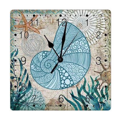 French Retro Ocean Animal Teal Blue Conch Art Clocks Silent Non Ticking Wood Clock Nautical Beach Vintage Country Style Wooden Wall Clock Blue Octopus Square Wall Clock for Laundry Room 15inch