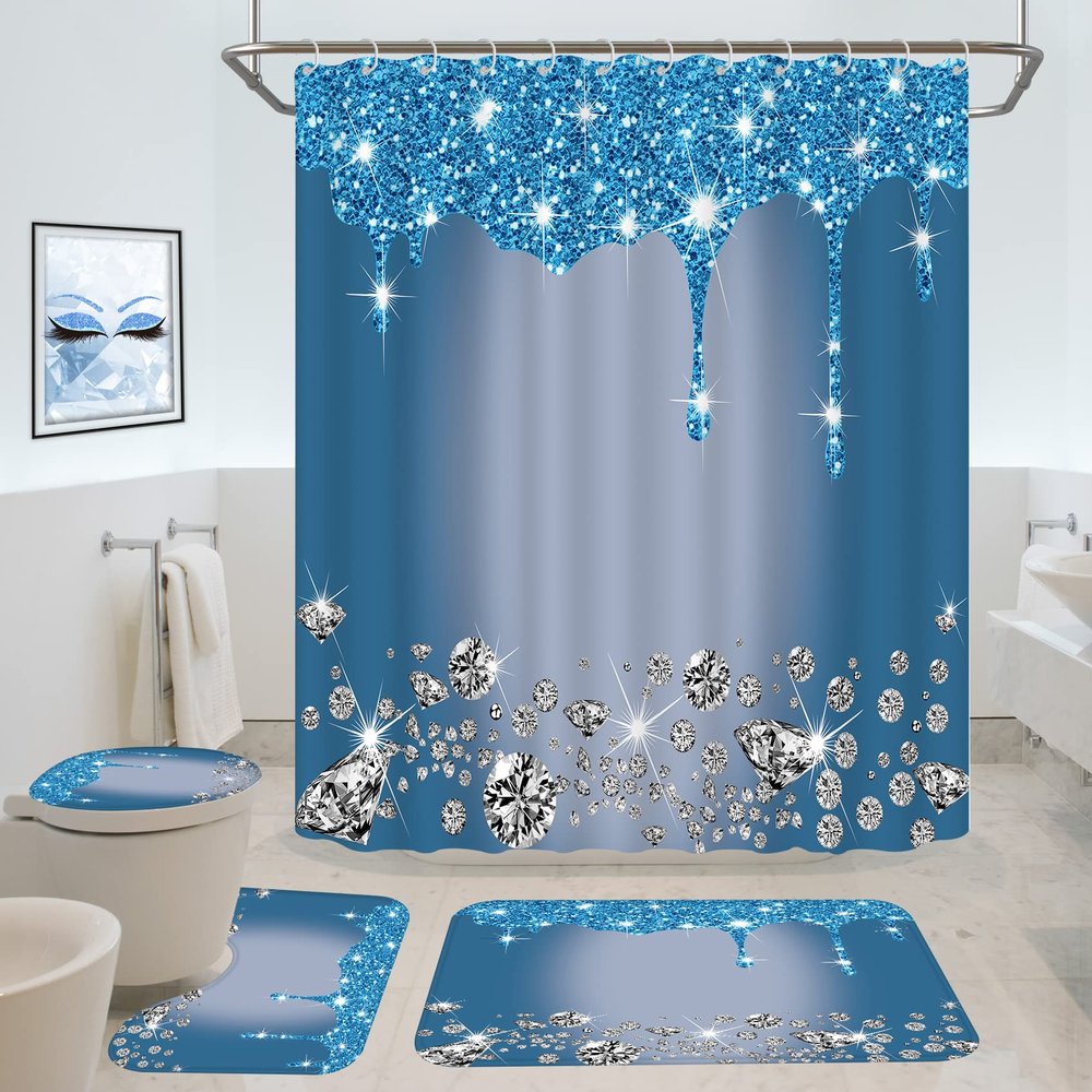 4 Pcs Glitter Diamond Shower Curtain Sets, Blue Shiny Drips Bath Decor with Rugs and Toilet Lid Cover, Fresh Color Luxury Texture Elegant Sequin Bling Modern Bathroom Curtain with 12 Hooks, 72 x 72 in