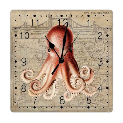 French Vintage Nautical Map Coastal Octopus Wood Wall Clock Ocean Decor Wood Clock Tuscan Country Style Octopus Sea Decor Wooden Clocks Silent Non-Ticking Square Clock for Home Office 15inch