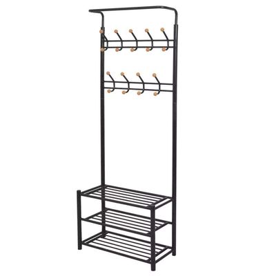 3-in-1 Entryway Hall Tree, Heavy Duty Steel Stand Coat Rack with Storage Bench, Industrial Wood Furniture Stable Metal Frame, 9 Hooks Shoe Bench 3-Tier Shelf Black, 26.8 x 12.6 x 71.9 (L x W x H)