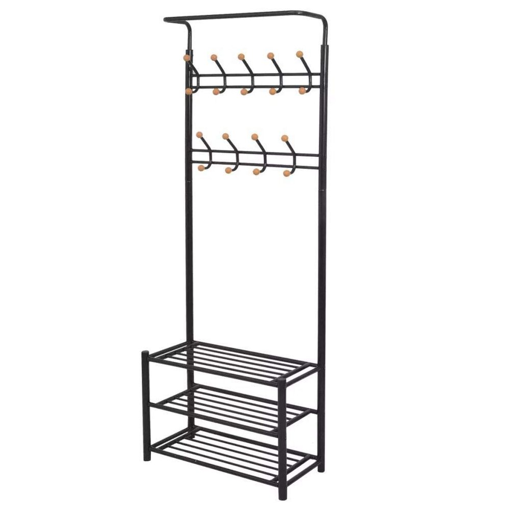 3-in-1 Entryway Hall Tree, Heavy Duty Steel Stand Coat Rack with Storage Bench, Industrial Wood Furniture Stable Metal Frame, 9 Hooks Shoe Bench 3-Tier Shelf Black, 26.8 x 12.6 x 71.9 (L x W x H)