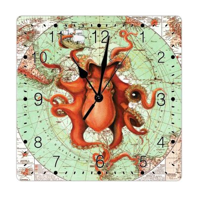 Ocean Decor Clock for Wall French Vintage Nautical Map Coastal Octopus Square Clock Jellyfish Wooden Clocks Silent Non Ticking Wall Clock Vintage French 10inch Wall Clock for Laundry Room Bedroom
