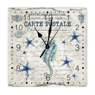 French Style Vintage Starfish Seahorse Wood Wall Clock Beach House Decor Clocks Farmhouse Decoration Blue Octopus Wood Clocks Silent Non-Ticking Square Clock for Laundry Room Bedroom 15inch