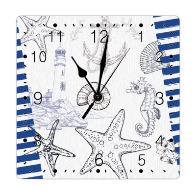 Seashells Starfish Lighthouse Seahorse Blue Stripes Wooden Wall Clocks Silent Wall Clocks Sea Theme Rustic Hanging Wall Clock Navy Blue Ocean Coral Square Wall Clock for Laundry Room 15inch