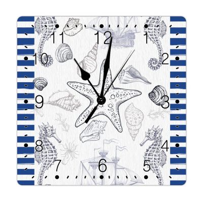 Seashells Starfish Lighthouse Seahorse Blue Stripes Clocks for Wall Silent Non Ticking Wall Clock Nautical Vintage Country Style Art Clock Ocean Anchor Square Wall Clock for Kitchen 10inch