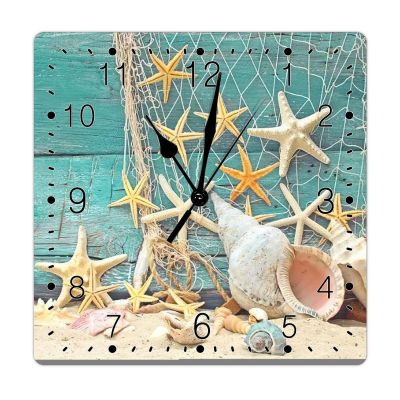 Nautical Beach Clock for Wall Summer Beach Starfish Shell Square Clock Navy Blue Ocean Coral Wall Clocks Silent Non-Ticking Wall Clock Farmhouse Decoration 15inch Clocks for Bathroom Bedroom
