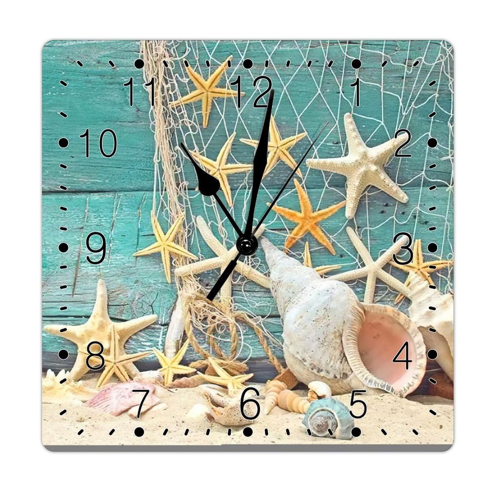 Nautical Beach Clock for Wall Summer Beach Starfish Shell Square Clock Navy Blue Ocean Coral Wall Clocks Silent Non-Ticking Wall Clock Farmhouse Decoration 15inch Clocks for Bathroom Bedroom