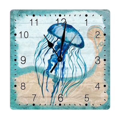 Nautical Wooden Wall Clock Beach Theme Ocean Jellyfish Square Clock Navy Blue Ocean Coral Wooden Decorative Clocks Non Ticking Silent Wall Clock Farmhouse Wall Decor 10inch Clocks for Home Office