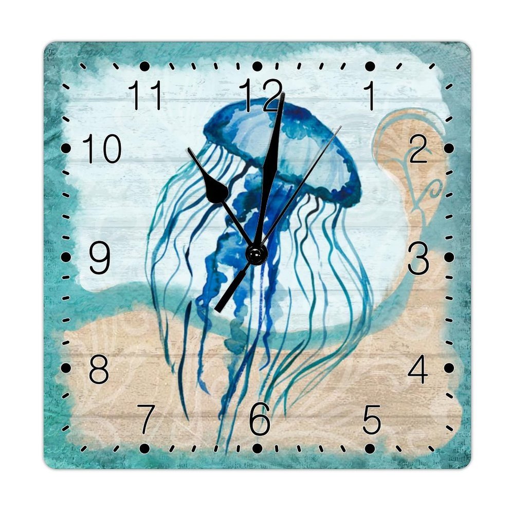 Nautical Wooden Wall Clock Beach Theme Ocean Jellyfish Square Clock Navy Blue Ocean Coral Wooden Decorative Clocks Non Ticking Silent Wall Clock Farmhouse Wall Decor 10inch Clocks for Home Office
