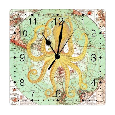 Beach Theme Decorative Wall Clock French Vintage Nautical Map Coastal Octopus Square Clock Seahorse Wood Wall Clocks Non Ticking Wall Clock Farmhouse Decoration 15inch Clock for Bathroom Bedroom