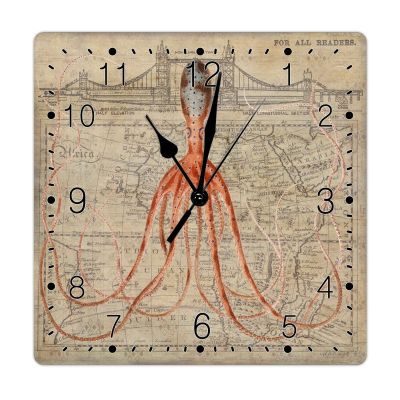 Nautical Beach Wood Wall Clock French Vintage Nautical Map Coastal Octopus Square Clock Starfish Sea Life Wood Wall Clocks Non Ticking Silent Wall Clock Rustic 10inch Clock for Kitchen