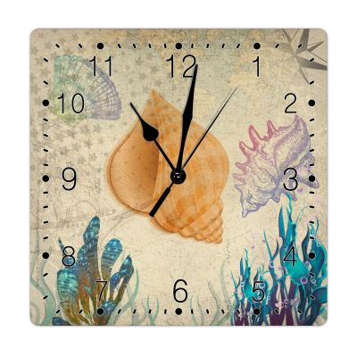 Vintage Sea Animals Conch Wood Clock Beach House Wood Clock Farmhouse Decoration Starfish Hanging Wall Clocks Silent Non-Ticking Battery Square Clock for Living Room Bedroom 10inch