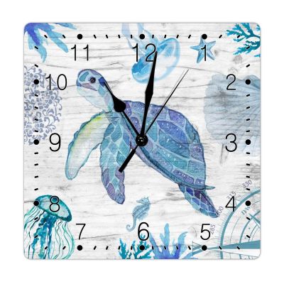 Ocean Decor Wooden Clock Vintage Beach Sea Life Blue Sea Turtle Square Clock Sea Turtle Wood Wall Clocks Silent Non Ticking Wall Clock Retro Rustic Style 15inch Clocks for Kitchen Dinning Room