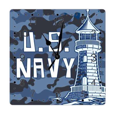 United States Navy and White Lighthouse Home Decorative Clocks Silent Non-Ticking Wall Clock Seaside Vintage Farmhouse Wooden Wall Clock Compass Square Wall Clock for Home Office School 15inch