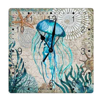 Summer Beach Wooden Clock French Retro Ocean Animal Teal Blue Jellyfish Square Clock Sea Turtle Sea Life Home Decorative Clocks Silent Wall Clock Farmhouse 15inch Wood Clock for Living Room
