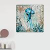 Summer Beach Wooden Clock French Retro Ocean Animal Teal Blue Jellyfish Square Clock Sea Turtle Sea Life Home Decorative Clocks Silent Wall Clock Farmhouse 15inch Wood Clock for Living Room view 3