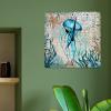Summer Beach Wooden Clock French Retro Ocean Animal Teal Blue Jellyfish Square Clock Sea Turtle Sea Life Home Decorative Clocks Silent Wall Clock Farmhouse 15inch Wood Clock for Living Room view 4