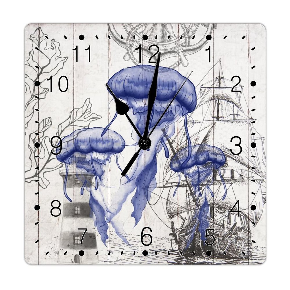 Beach Theme Ocean Blue Jellyfish Wooden Decorative Clocks Silent Non Ticking Wall Clock Beach House Tuscan Country Style Wood Wall Clock Blue Octopus Square Wall Clock for Laundry Room 10inch