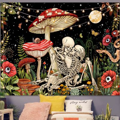 Accnicc Mushroom Skull Tapestry Skeleton Lover Floral Plant Tapestries for Bedroom Aesthetic Cool Nature Moon Star Wall Art for Dorm Living Room Decor (Red, 80'' 60'')