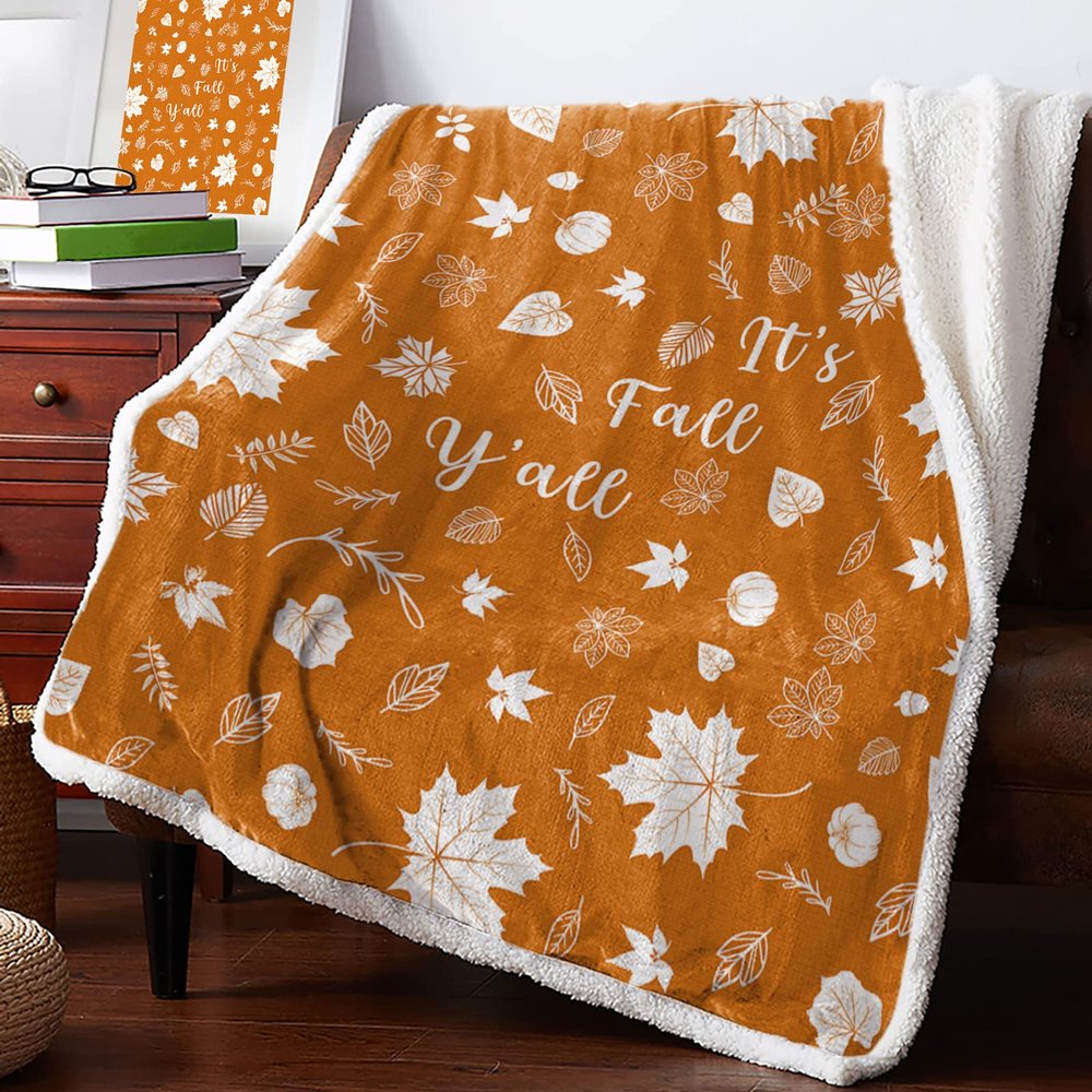 Edwiinsa Fall Maples Thanksgiving Ultra Soft Reversible Throw Blankets 50" x 60" Orange Maple Leaves Lamb Cashmere Gift Blankets for Bed, Couch It's Fall Y'all Bed Blanket Throws