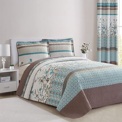 All American Collection 3 PC Floral Printed Brown and Turquoise Reversible Bedspread Quilt Set Coverlet and Pillow Sham Set ( Brown & Turquoise, King / California King Size)