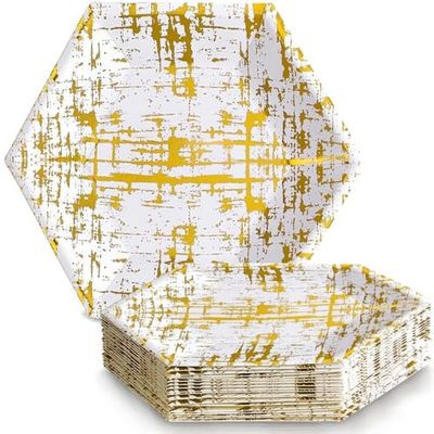 Silver Spoons Hexagon Disposable Dinner Plates (18 Pc) Metallic Sketchy Print Paper Plates, Heavy Duty Paper Plates 10 inch, Gold Party Supplies for Weddings, Great for Birthdays, Baby Showers & Events - Arctic