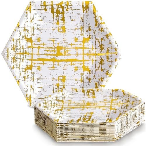 Silver Spoons Hexagon Disposable Dinner Plates (18 Pc) Metallic Sketchy Print Paper Plates, Heavy Duty Paper Plates 10 inch, Gold Party Supplies for Weddings, Great for Birthdays, Baby Showers & Events - Arctic