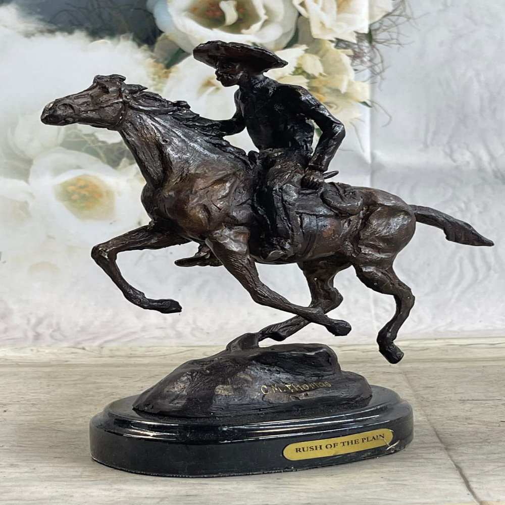 EUROPEAN BRONZE Rush Remington Cowboy On Horse Bronze Sculpture Art Deco Hot Cast Figure Hotcast Artwork Gift Art