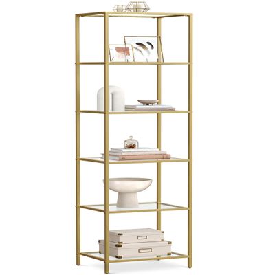 VASAGLE Bookcase, 6-Tier Bookshelf, Slim Shelving Unit for Bedroom, Bathroom, Home Office, Tempered Glass, Steel Frame, Metallic Gold ULGT500A01