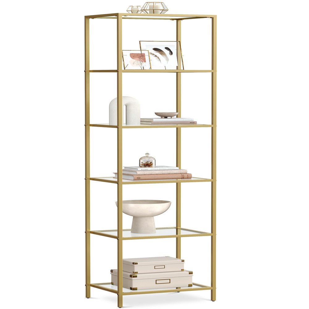 VASAGLE Bookcase, 6-Tier Bookshelf, Slim Shelving Unit for Bedroom, Bathroom, Home Office, Tempered Glass, Steel Frame, Metallic Gold ULGT500A01