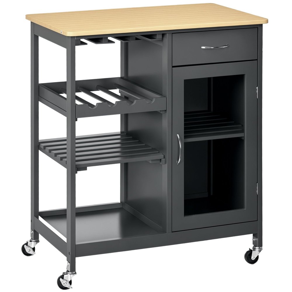 HOMCOM Rolling Kitchen Island with Storage, Kitchen Cart with 4-Bottle Wine Rack, Bar Cart with Stemware Holder, Shelves, Drawer and Cabinet, Gray