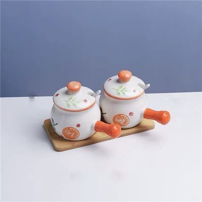NIUBB Seasoning jar Ceramic Spice Jar with Handle Cover Spoon Set Home Spice Container Kitchen Spice Bottle (Color : A, Size