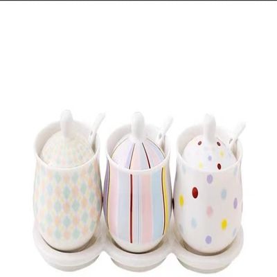 NIUBB Spice Jar 3 Piece Ceramic Spice Box Kitchen Container Spice Jar Storage Jar with Spoon and Tray (Color : F, Size