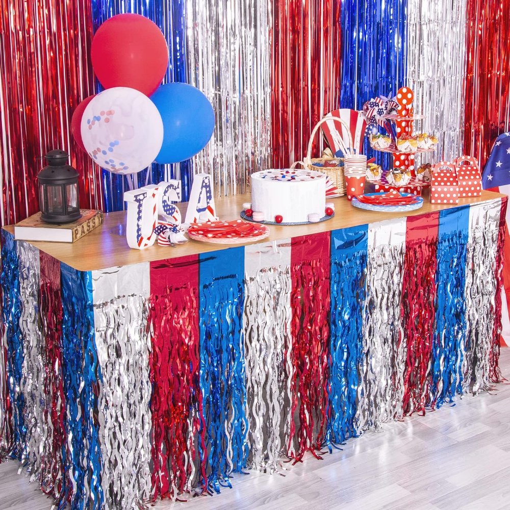 LOLStar 4th of July Decorations, 2 Pack Red White and Blue Wavy Tinsel Foil Fringe Table Skirt for Rectangle and Round Tables, Perfect Table Decorations for Memorial Day, Labor Day, Veterans Day