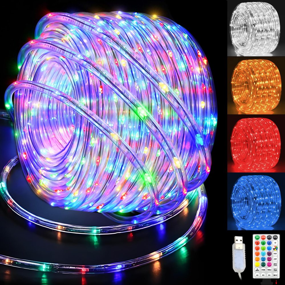 GLPE LED Rope Lights Indoor with USB Powered, 66ft 200 LED String Lights Outdoor Waterproof, Tube Lights with 16 Color Changing,Rope Lights for Outside Christmas, Garden, Party,Camping