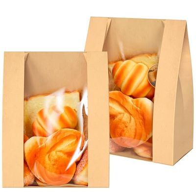 ZENFUN 100 Pack Paper Bread Bags with Stickers, Paper Bakery Bags with Clear Window, Kraft Food Packaging Storage Bakery Bag Packaging for Bread, Cookies, Donuts, 8.3 x 4 x 12.6 Inches