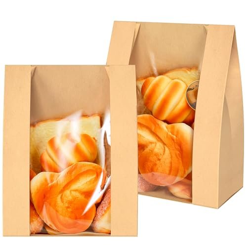 ZENFUN 100 Pack Paper Bread Bags with Stickers, Paper Bakery Bags with Clear Window, Kraft Food Packaging Storage Bakery Bag Packaging for Bread, Cookies, Donuts, 8.3 x 4 x 12.6 Inches