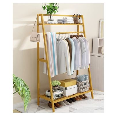 Bamboo Clothing Rack with 2-Tier Shelves and Hanging Bar, Anti-Falling Design Garment Closet with 2 Hooks for Cloth Coat Shoe Storage Organizer Shelf (Color : Khaki, Size : 80 * 40 * 140cm)