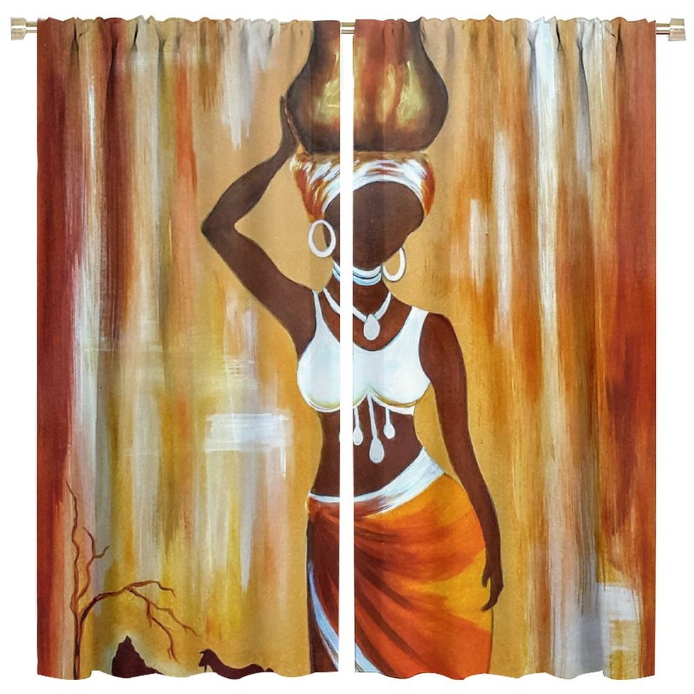 African Woman Curtain,African Woman Painting Desgin Curtains Thermal Insulated Curtainsfor Kitchen Bedroom Children Living Room Curtains Window Curtain 2 Panels 63x63in