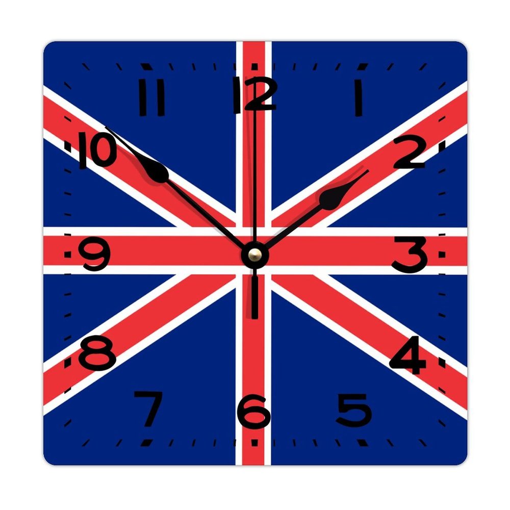 Alioyoit Square Wooden Wall Clock United Kingdom Flag Non-Ticking Non-Ticking Wall Clock Rural Wood Clock for Office Living Room Living Room Wall Decor 10 Inch